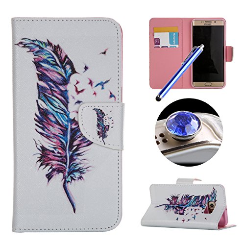 Etche Stand Case for Samsung Galaxy Note 5 ,Leather Wallet Case for Samsung Galaxy Note 5,Cute Feather Pu Leather Magnetic Flip Case with Card Holder for Samsung Galaxy Note 5 with Blue Stylus Pen and Bling Glitter Diamond Dust Plug Colors Random-Feather