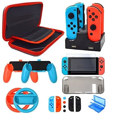 EOVOLA Ensemble Accessoire pour Nintendo Switch - Housse Protection écran pour Nintendo Switch Console - étui pour Jeux Cartouche - Volants Grips Silicone Protection Chargeur pour Joy-Con Manette (17 in 1)