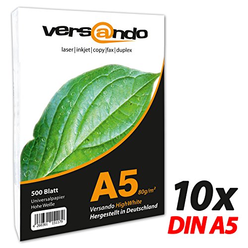 Versando - 5000 folios DIN A5 (148 x 210 mm) papel de impresión ecológico blanco brillante 80 - certificado medioambiental - papel universal para impresión, fax, etc- 80 g/qm