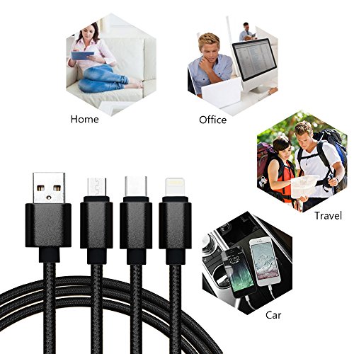 Multi USB Kabel, 4ft /1.24m Nylon geflochten 3 in 1 USB Ladekabel Adapter Stecker mit 8 Pin Lightning / Type C / Micro USB für iPhone 6s, 6, 6 Plus, 5 / 5S / 5C, Galaxy S2, 3, 4, Nexus 6P , 5X und mehr Smartphones(Schwarz) - 4