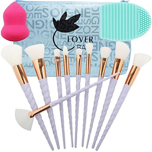 Make Up Brushes, Lover Bar 10pcs Unicorn Design Makeup Brush Set+Beauty Cosmetics Blender Sponge+Brush Cleaning-Luxe Face Powder Highlighter Cream Contour Liquid Foundation Eyeshadow Eyebrow Brush Kit (White Hair)