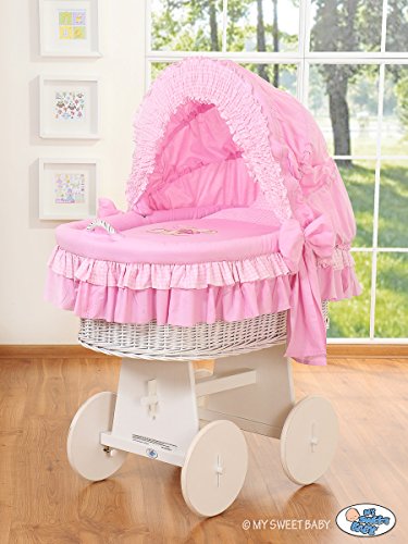 TEDDY BEAR WHITE WICKER CRIB MOSES BASKET BASSINET WITH HOOD SOLID WHITE WOOD BASE AND PINK BEDDING