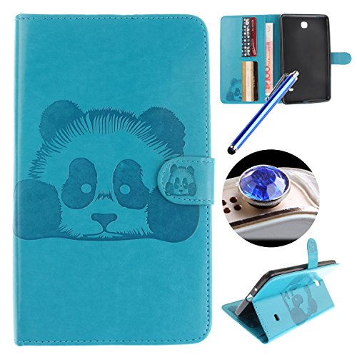 Etsue Kunstleder Schutzhülle für Samsung Galaxy Tab 4 7.0 Zoll SM-T230 Leder Tasche Bookstyle Hülle Flip Case Wallet Cover,Retro Vintage Niedlich Panda Muster Schutz Hülle Etui Schale Weich TPU Innere mit Magnetverschluss Standfunktion Kartenfächer für Samsung Galaxy Tab 4 7.0 Zoll SM-T230 + 1x Glitzer Staub Stecker + 1x Blau Eingabestift-Panda,Blau