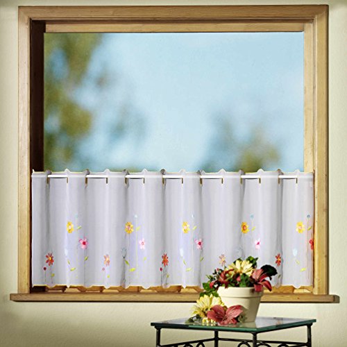 Gardine Scheibengardine FRÜHLING modernes Bistro mit bunten Blumen bestickt Shabby Chic HxB 45x150 cm - Stangendurchzug - Vorhang in geprüfter Top Qualität - sehr schöner Fall…auspacken, aufhängen, fertig! Typ210