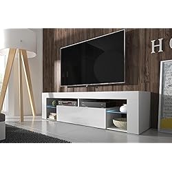 Hestia - Meuble TV (140 cm, Blanc Mat / Fronts Blanc Brillant avec l’éclairage LED)