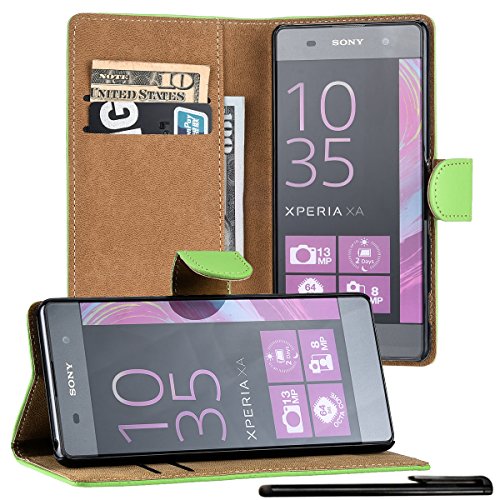 4in1 Billetera Funda para  - SONY Xperia XA  - Carcasa con Cierre magnético y Función de Soporte, en Verde + 1x Protector de pantalla + 1x Lápiz
