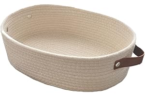 KALSEY Cotton Rope Storage Basket, Cotton Rope Woven Basket, Storage Basket with Leather Handle, Small Storage Basket, Cotton Storage Basket for Shelves, Bedroom, Cupboards, Wardrobes, Drawers(Beige)