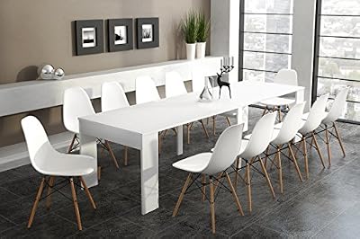 Comfort Home innovation - Table de Salle à Manger extensible jusqu’à 301 cm, Blanc Brillant, Dimensions fermée : 90x49x75 cm de hauteur.