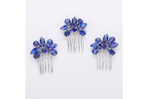 Chargances 3pcs Blue Rhinestone Hair Comb Bride Wedding Crystal Hair Comb Elegant Flower Rhinestone Handmade Hair Accessory Dainty Head Piece for Women Bridesmaid Girls (Blue)
