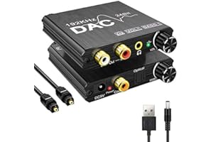 UNSTINCER 192kHz DAC Convertidor con control de graves y volumen ajustable, Digital optical(Spdif Toslink) coaxial a Analog 3,5mm Jack RCA L/R, Adaptador para TV Auriculares altavoces amp phono hifi