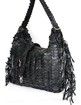 Leder Shopper XXL mit Fransen , Schulter-/ Beutelatsche DIN A4 Ordner geeignet ( 50/ 30/ 12)in Schwarz , Italy