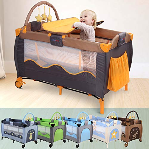 Preisvergleich Produktbild Infantastic klappbar Kinderreisebett mit Wickelauflage und Spielbogen, 126 x 66 cm, inkl. Auflage und Tragetasche / Farbwahl / Babybett, Klappbett, Kinderbett - Honey Bear