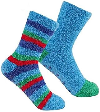 2 Pairs Boys Cosy Bed Slipper Socks Childrens Striped Nightwear (6.5-9 (infant), Blues)