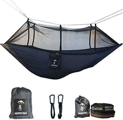Camping Hammock Set with Zippered Mosquito Net|9 ft Looped Pro Tree Straps|Portable Lightweight Breathable Parachute Hammock|660 lbs Load Capacity|Suitable for 2 Person|Easy to Setup|100% Money-back Warranty