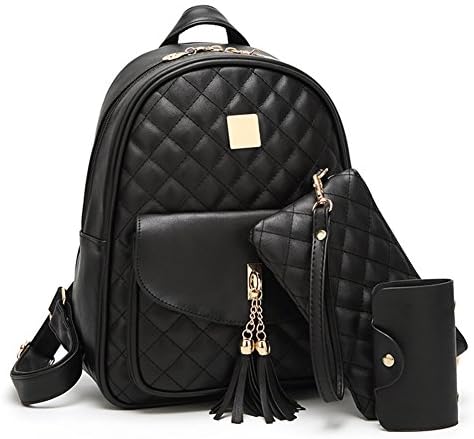 INSFIRE Women's Simple, Gorgeously Quilting Backpack Girls Lattice Diamond Leather Backpack Tassel Daypack with Purse and Key Case Set