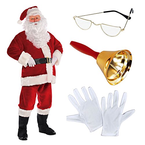 Deluxe Regal Plush Men's Santa Claus Father Christmas Suit Fancy Dress Costume Includes Santa's Half Moon Spectacle Glasses White Professional Gloves & Ringing Bell by Fancy Dress VIP