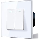 BSEED 2 Gang 1 Way Light Switch, Glass Frame, 10 A Wall Switches with Phosphorescent Point, Horizontal or Vertical Installati