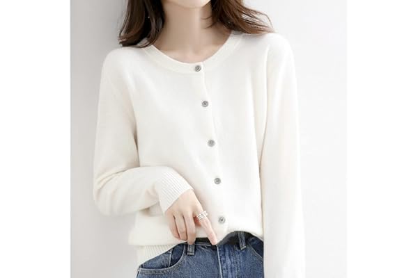 JIANGZ Gilet Femme,Col Rond Blanc Slim Fit Cardigan Court Cardigan Doux Confortable À Manches Longues Tricoté Manteau Ouvert Devant Pull Veste Vêtements D'Extérieur pour Femmes,XL