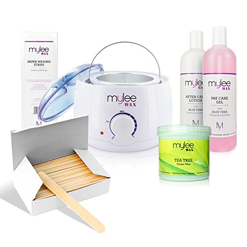 Mylee Complete Waxing Kit with Heater + Tea Tree Wax + Strips + Spatulas + Pre & After Care Lotion