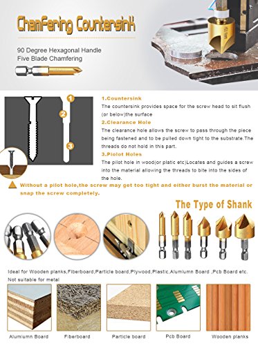 Kegelsenker Countersink Set von Baban HSS Senker Versenker Bohrer Holz Metall 6pcs 5 Flöte hat 90 ° Zähler Sinken Chamfer Cutter 1 / 4 “ 6-19mm - 7