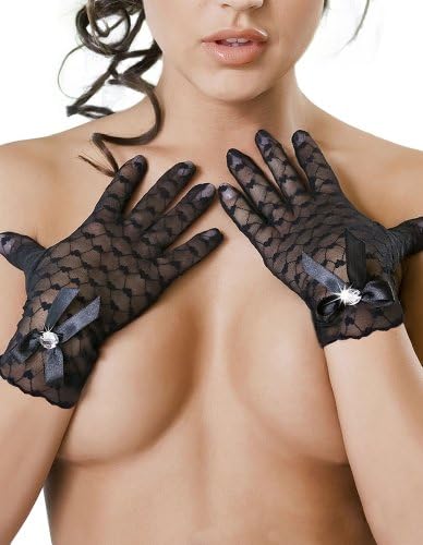 Irall Erotic Miriam Black Sheer Lace Gloves with Satin Bow One Size