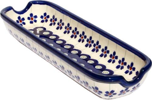 Polish Pottery Corn-on-the-cob Dish From Zaklady Ceramiczne Boleslawiec 1517-166a Floral Peacock Pattern, Dimensions: Length: 8.75" Width: 3"