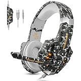 ECOOPRO PS4 Headset, Gaming Kopfhörer mit Mikrofon, LED leuchtet Lautstärke &amp; Stummschaltung für PS4, PC, Laptop, Tablets und alle Smartphones, ein Microsoft Adapter ist erforderlich, wenn für Xbox One (Camouflage)