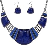 Yazilind Vintage ethnique collier ruban tibetain Sapphire Bib Bleu Turquoise Collier Boucles d'oreilles Ensemble de bijoux