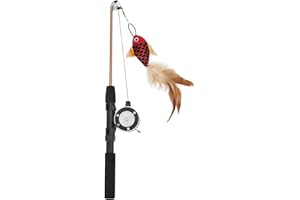 ROSVOLA Koło pasowe Teleskopowa wędka Zabawka dla kota, Wędka Zabawka dla kota Bezpieczna w użyciu Ręczna konstrukcja kołowrotka Realistyczna konstrukcja ryby Trwały materiał bawełniany do gryzienia Czerwona ryba + wędka
