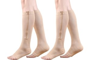 HYCOPROT Chaussettes de Compression Médicale à Glissière 15-20 mmHg 2 Paires Bas de Contention Ouvert pour Femmes et Hommes Soutien Varices Course Pied Grossesse Infirmières Voyages