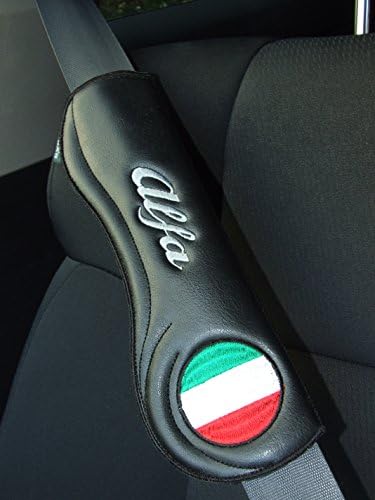 Ti El Es Seat Belt Pad set, 2 Ergonomic Embroidered Leatherette Pads, embroidered Italian Flaf and alfa