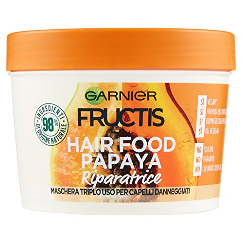 Garnier Fructis Hair Food Papaya Maschera Riparatrice 3 in 1 con Formula Vegana per Capelli Danneggiati, 390 ml