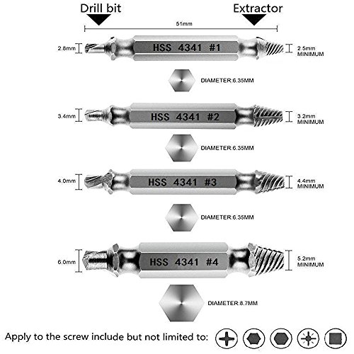 Bermud 4-teilig Schraubenausdreher-Set HSS Bohrwerkzeuge Schraubenlöser Werkzeug Bit-Set H.S.S. 4341#, Härte: 62-63hrc, Spezifikationen: # 1, # 2, # 3, # 4, zum Entfernen beschädigter Schrauben - 5