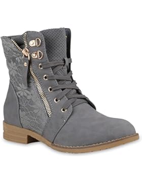 Stiefelparadies Damen Schnürstiefeletten Stiefeletten Worker Boots Kurzschaft-Stiefel Spitzenstoff Leder-Optik...