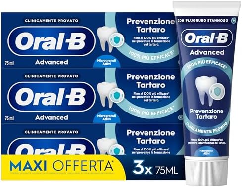 Oral-B Dentifricio Advanced Prevenzione Tartaro 3x75ml, Dentifricio Anti Tartaro con Microgranuli Attivi, Clinicamente Provato, Pulizia Denti Efficace, Sapore Menta Fresca, Alito Fresco