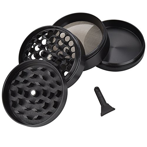 eLander Premium Aluminium Kräuter Mühle – Ø55mm, 4-teiliges Set für getrockneten Tabak, Kräuter, Gewürze, Kräutermühle, mit Pollensieb und Spate - 4