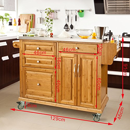 SoBuy® Luxus-Küchenwagen aus hochwertigem Bambus mit Edelstahlarbeitsplatte,Kücheninsel,Küchenschrank,B129xT46xH91cm FKW14-N - 2