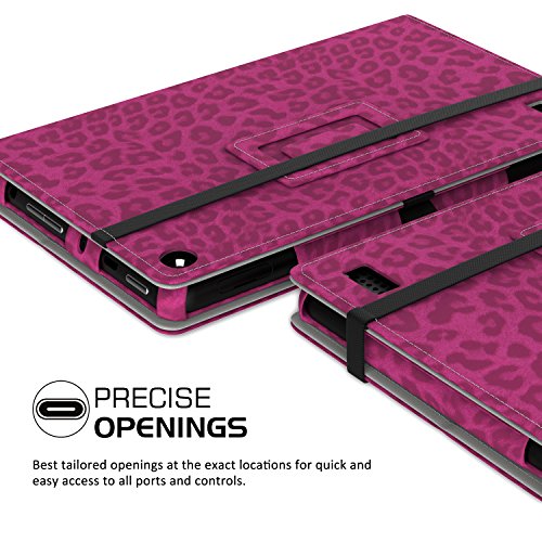 MoKo Fire 2015 7 Zoll Hülle – Kunstleder Ständer Schutzhülle Smart Cover mit Stift-Schleife und Stanfunktion für Amazon Fire Tablet (Vorherige 5th Generationeration – 2015 Modell) Tablet, Leopard Rot - 2