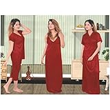 Indiatrendzs Exclusive Women Satin Nightwear Red 4 Pcs Set Of Sexy Nighty, Robe, Top & Capri.
