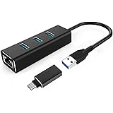Hub USB C 3.0, USB C RJ45 en Aluminium 5Gbps avec 3 Ports, Adaptateur Ethernet USB C, 1000Mbps Réseau Port, Ethernet USB C po