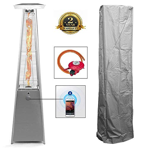 BU-KO Chauffage Gaz Terrasse | Extérieur: Jardin, Camping, Barbecue | Radiateur de Conception pyramidale au Propane - 13kw | Roues, régulateur et Tuyau | Cheminée en Acier Inoxydable GPL