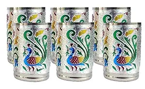 KAVID Handicrafts Set of 6 Stain Less Steel Glass Indian Hand Made Meena Work Peacock Design Golden Color Diwali Christmas Tumbler Gift Set Item (Silver)