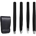 NJ Stainless Steel Slant Tip and Pointed Eyebrow Tweezer Set with travel case, 4 Pcs (Black)