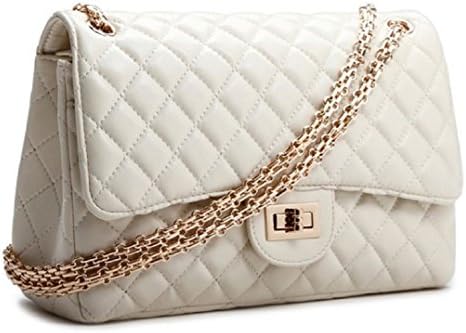 HandbagCrave® Envy Quilted Gold Chain / Silver Chain Hardware Flap Bag Shoulder Bag Clutch Bag (White - Gold Chain)