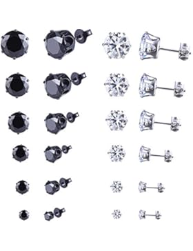 (Valentinstag Geschenk) Bliqniq Edelstahl Ohrstecker Silber Schwarz mit Zirkonia 12 Paare ein Set, Durchmesser...