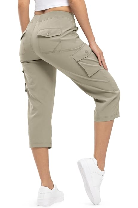 Pantalon Cargo Femme JINSHI - 3/4 Capri Été - Multi Poches - Taille Mi-Haute