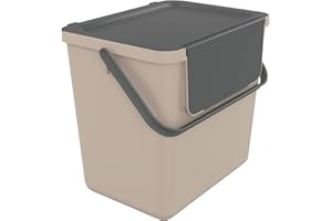 SUNDIS Loops, poubelle de tri sélectif d’intérieur 25L, empilable, rectangulaire, en plastique recyclé taupe, avec couvercle, poignée et anse, pour cuisine, cantine, restaurant, salle de pause