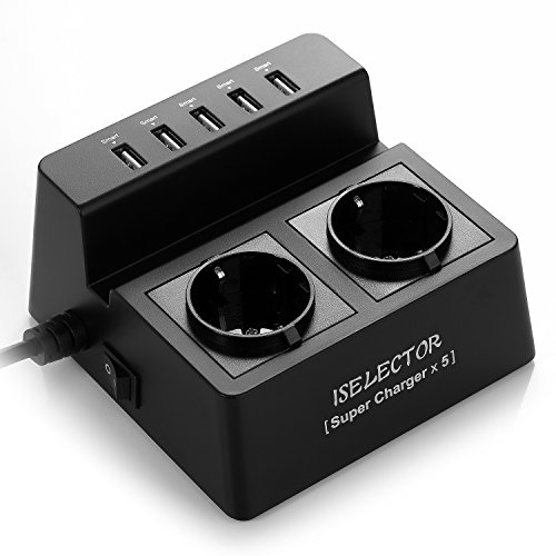 ISELECTOR Schaltbare 2 Fach Steckdosenleiste Mehrfachsteckdosen mit 5 USB Anschlüsse und 1700J Überspanungsschutz 2500W/10A schwarz