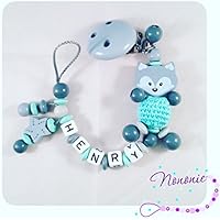 Schnullerkette mit NAMEN - 3D Fuchs - Baumler - hellgrau, grau, mint