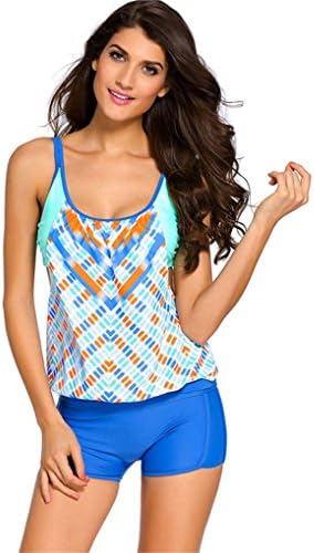 Aozen Women's Floral Sporty Double Push Up Tankini Top with Boyshort Bikini Set A6-41990-LightBlue-S
